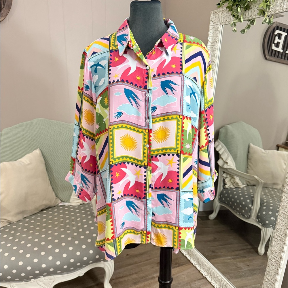 Rose + Olive Patchwork Style Button Down Shirt - image 2